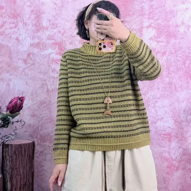 冬季半高领撞色条纹加厚保暖针织衫宽松显瘦百搭打底毛衣7929款