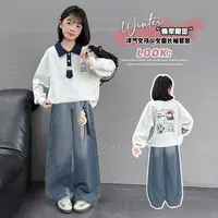 女童领带POLO衫卫衣2025春秋季新款学院风宽松上衣牛仔阔腿裤套装
