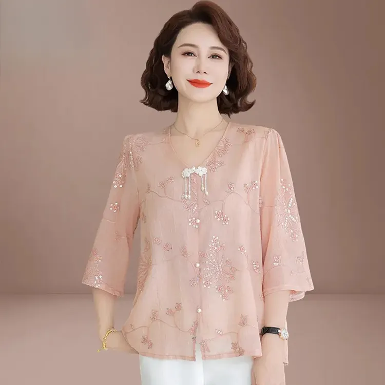 妈妈装夏季刺绣两件套新款中年高档上衣中老年女士新中式时尚套装