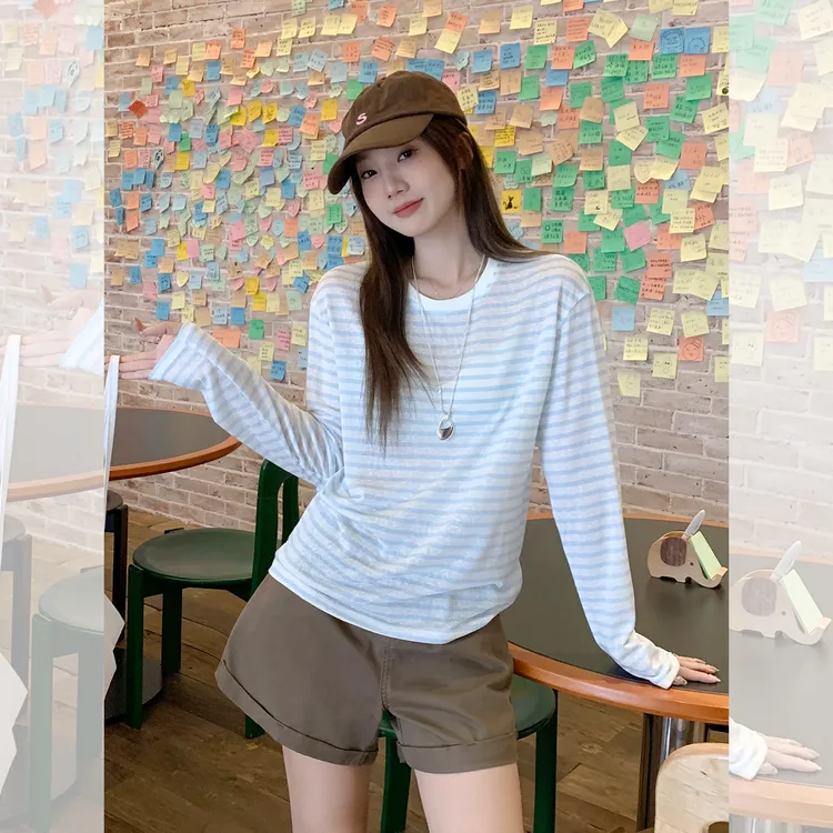 蓝色圆领条纹撞色凉感长袖罩衫T恤女夏季薄款微透慵懒感上衣