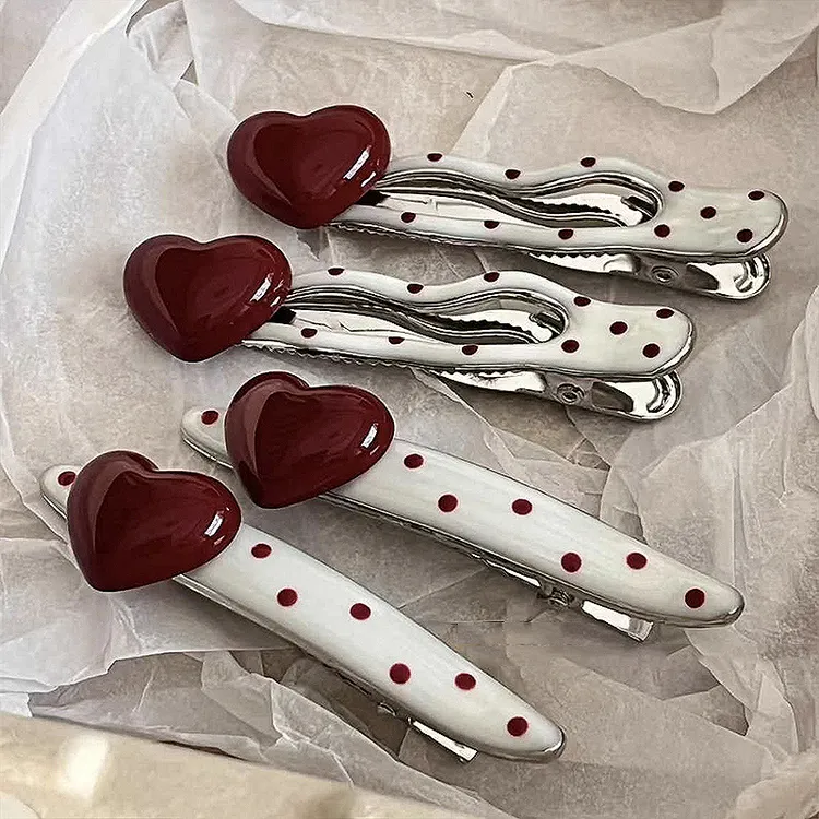 复古安可拉红爱心波点发夹侧边刘海前额甜美鸭嘴少女发饰头边夹