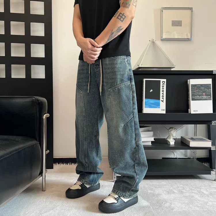 牛仔裤男秋冬季加绒美式宽松阔腿直筒裤子新款美式加厚工装裤潮