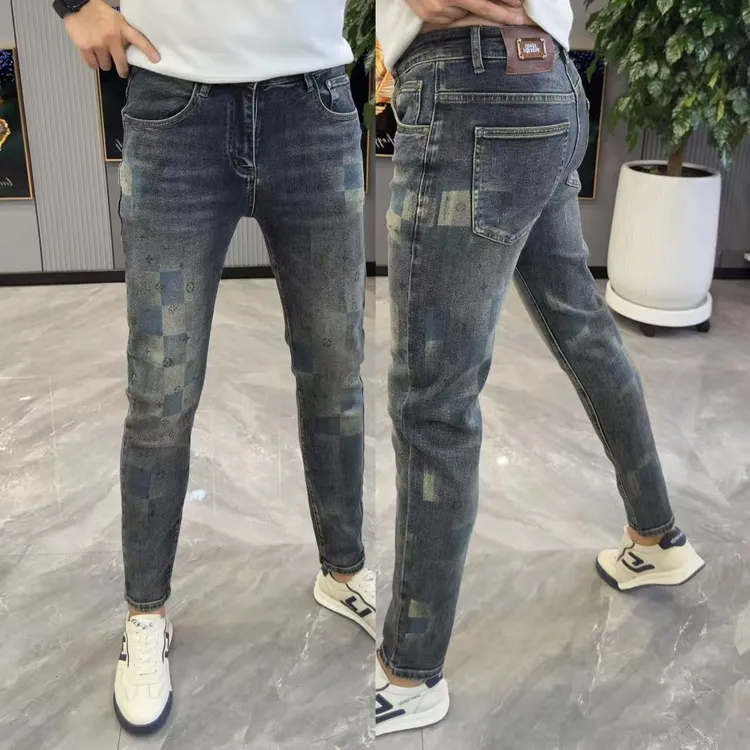 长裤时尚格子印花修身显瘦小脚裤牛仔裤男款爆款男士秋冬款裤子