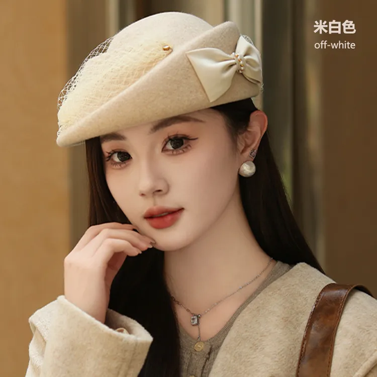 澳洲羊毛呢时装帽子女秋冬毡帽网纱晚宴礼帽蝴蝶结贝雷帽批定制做