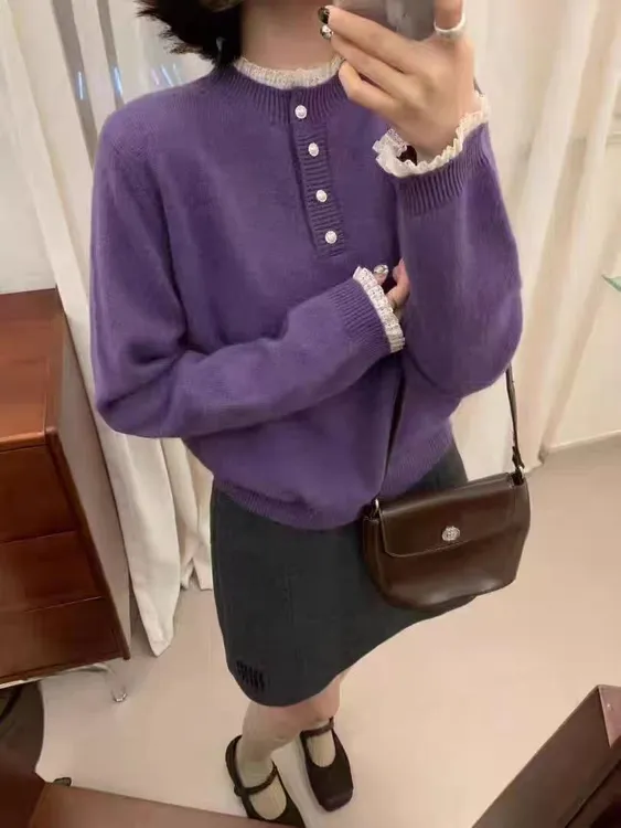 239番外冬季新款女半高领拼花边领袖子花边毛衣宽松显瘦针织衫女