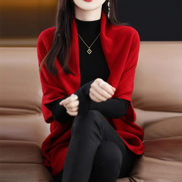 冬季新年红色羊绒披肩开衫女宽松针织蝙蝠袖慵懒高级外搭斗篷外套