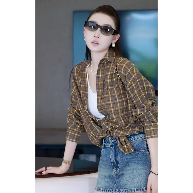 覆古时尚休闲气质巨好看小个子套装女秋格子长袖衬衫半身裙两件套