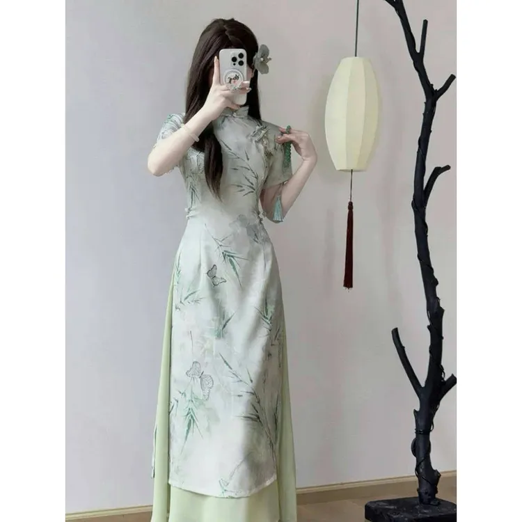 绿色旗袍夏新中式改良奥黛遮肚子清冷素雅新款中国风茶艺服连衣裙