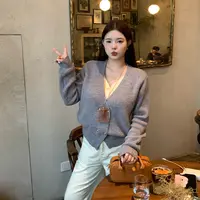 王葡萄【秋日限定】韩系秋冬假两件V领毛织衫长袖显瘦毛衣DM1341