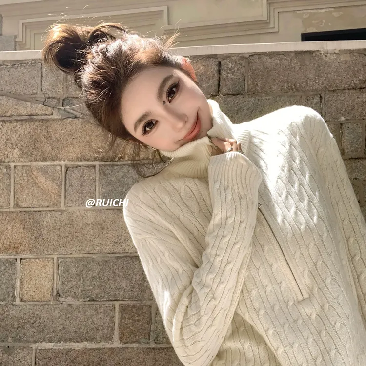 韩系慵懒感2025秋冬半高领拉链麻花奶系高级洋气显瘦针织上衣女