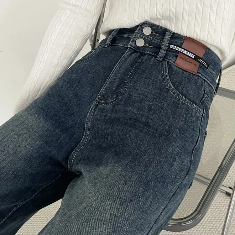 复古蓝窄版直筒牛仔裤女2025秋冬季加绒高腰宽松显瘦小个子阔腿裤