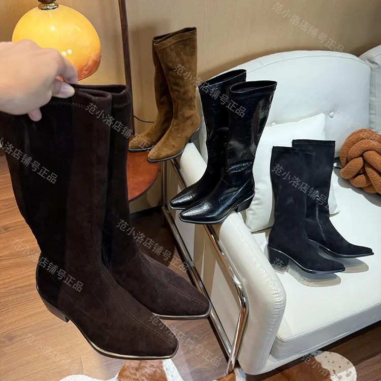 【范小洛】+9cm复古绒面长靴内增高骑士靴女冬季厚底靴子粗跟瘦瘦靴