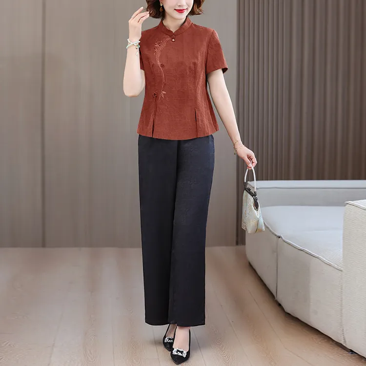 高端新中式衬衫女洋气减龄年轻版妈妈夏显瘦上衣2025新款套装大码