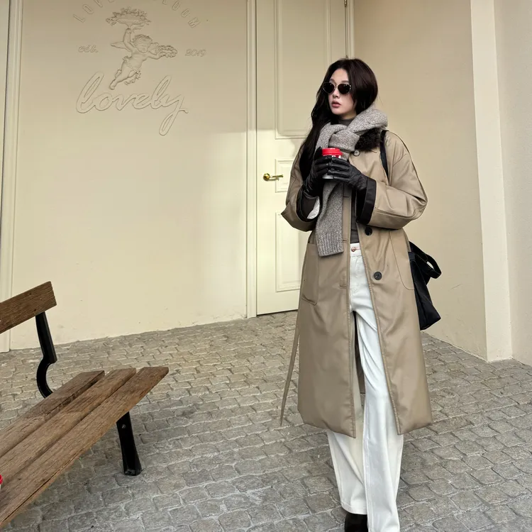 R-HER“泡芙软光”90白鹅绒拼接外套女时尚卡其英伦风羽绒服Y2002