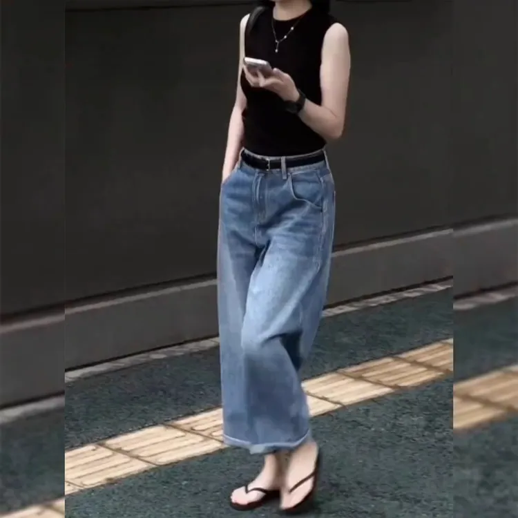 欧货阔腿牛仔裤女2025年秋季新款大码梨形身材高腰显瘦九分奶奶裤