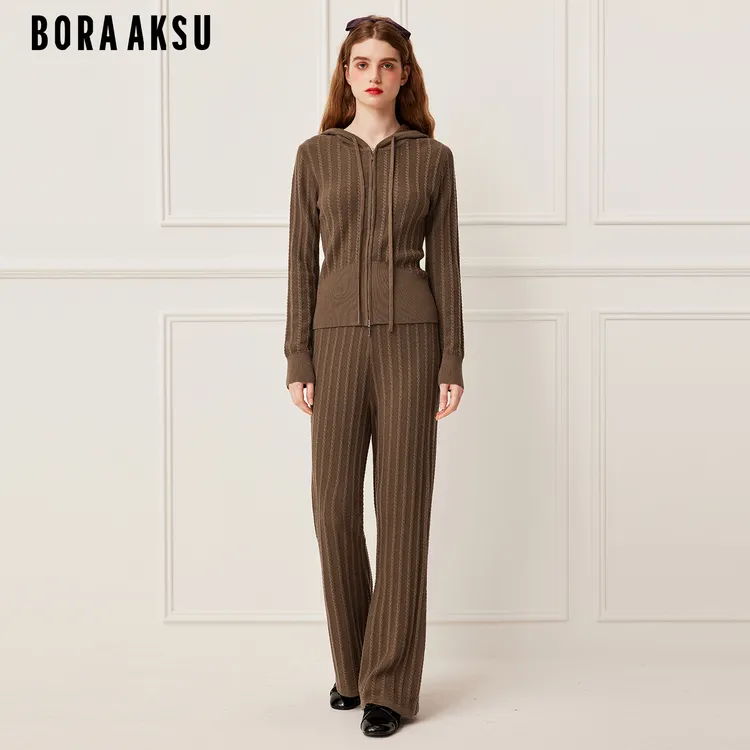 BORAAKSU冬季时髦咖色连帽抽绳针织套装B1FHW08450-B1FHW06030