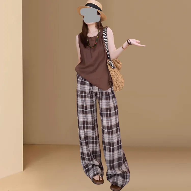 法式设计圆领抽绳褶皱无袖背心女2025夏季新款松紧腰阔腿裤两件套