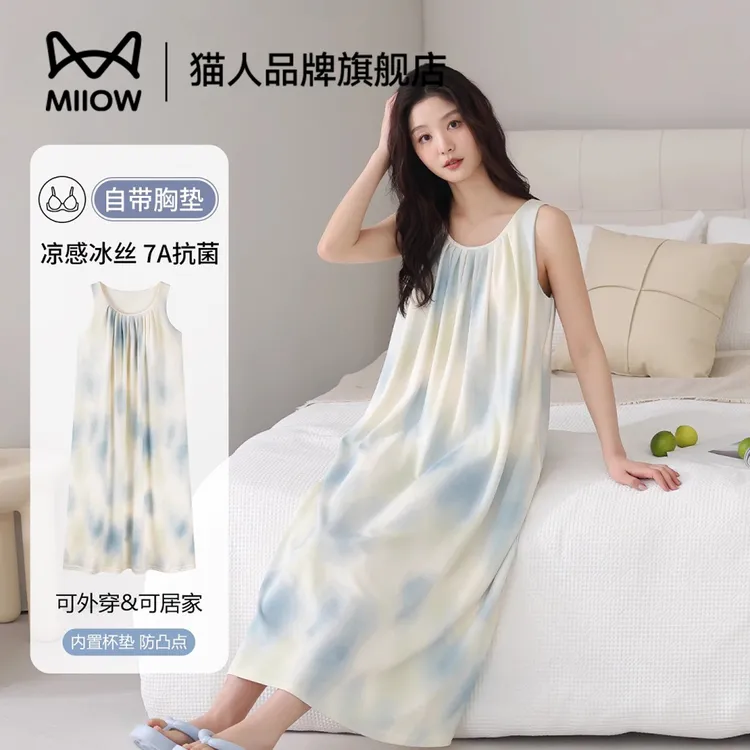 猫人睡衣女款爆款2025新款睡裙夏带胸垫7A抗菌无袖睡衣外穿家居裙