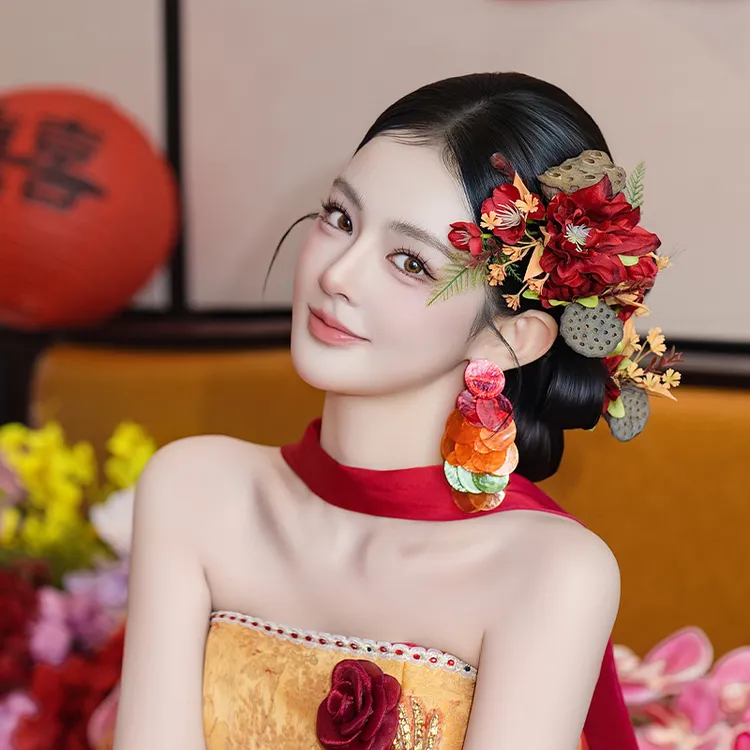 合金布艺婚庆饰品 新娘明媚惊艳莲蓬花婚礼造型红色系发饰MC3127T