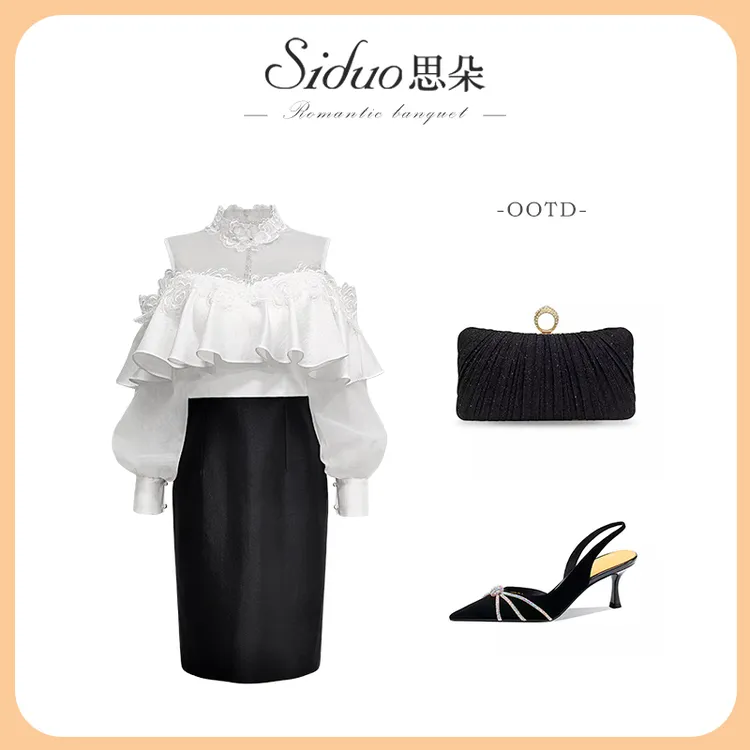 Y24262礼服黑白撞色蕾丝气质女神荷叶边优雅时尚露肩聚会连衣裙