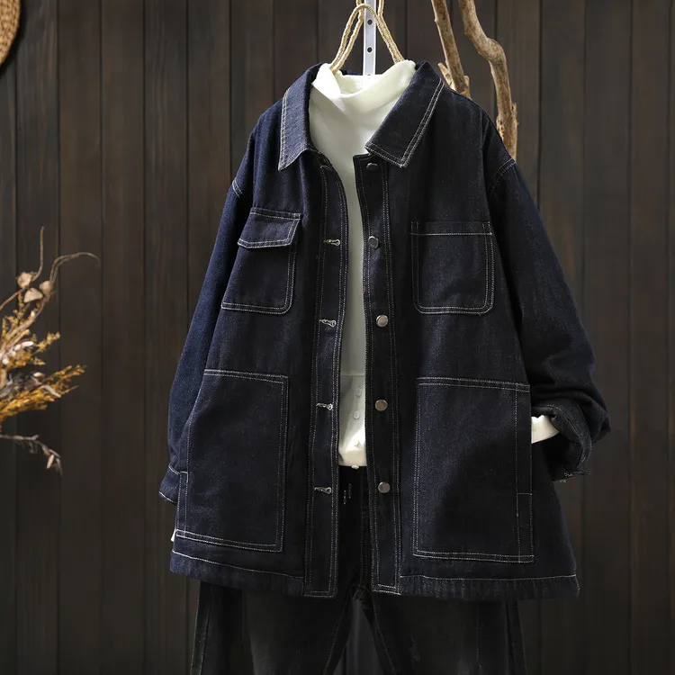牛仔外套女款秋冬季2025新款夹棉口袋复古时尚百搭巨好看的厚外套