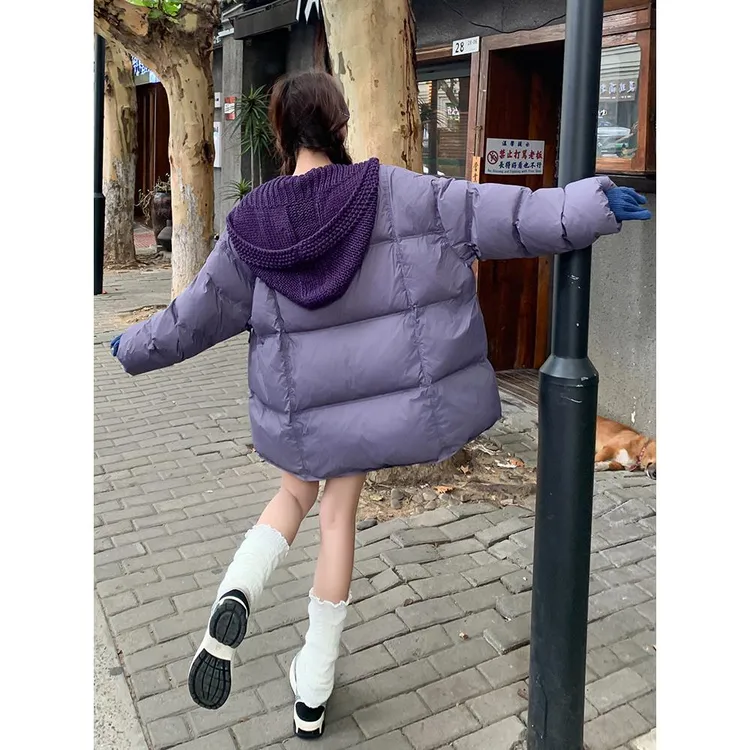 紫色小个子学院风针织连帽羽绒服女2025冬季新款设计感面包服外套