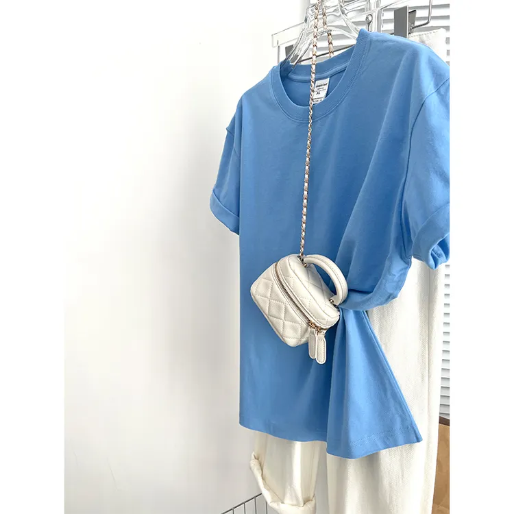 韩版2025夏季新款雾霾蓝纯棉短袖t恤女设计感小众宽松百搭时尚