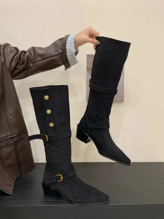 2025秋冬新品～西部牛仔靴中筒粗跟棕色百搭时尚高筒靴长筒时装靴