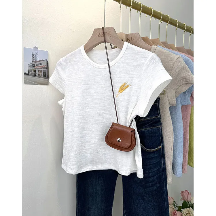 夏季短款洋气显瘦白色T恤衫女士2025圆领新款竹节棉短袖高腰上衣