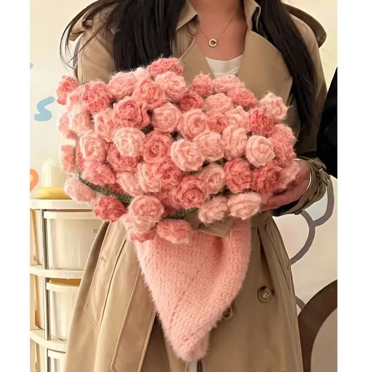 渐变长绒玫瑰花束毯子手工编织diy材料包花束毯子送闺蜜朋友礼物