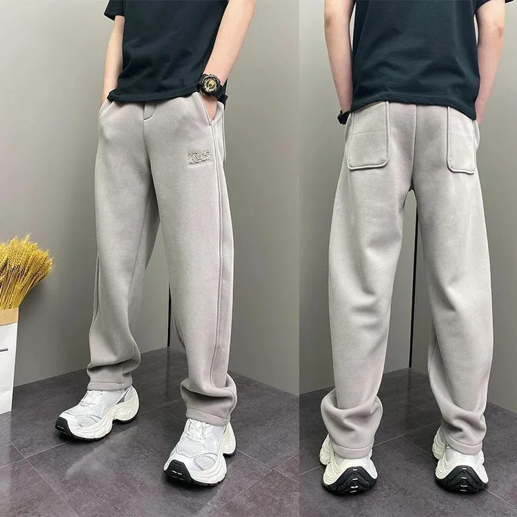 青年韩版潮流纯色休闲裤2025冬季新品加绒直筒裤加厚韩版运动卫裤