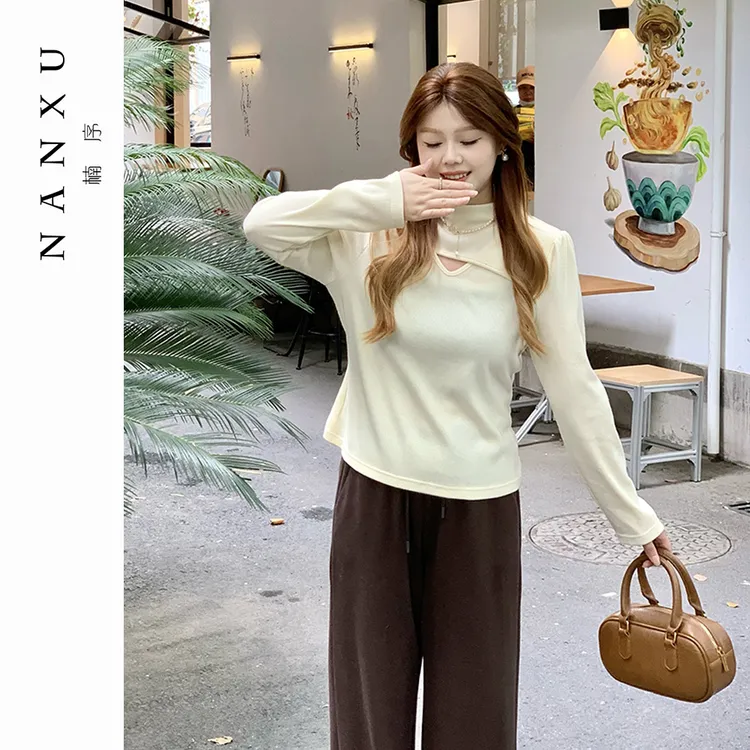 楠序微胖女装 秋冬穿搭保暖纯色镂空长袖打底衫女内搭T恤DD11133