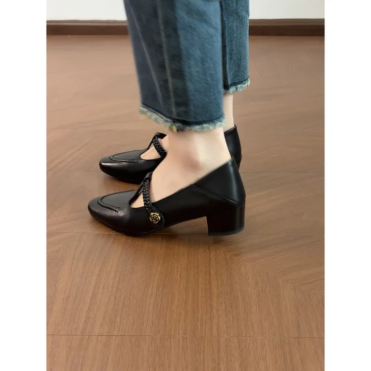 3cm/2495牛皮浅口粗跟玛丽珍鞋女春秋百搭真皮圆头软底中跟单鞋