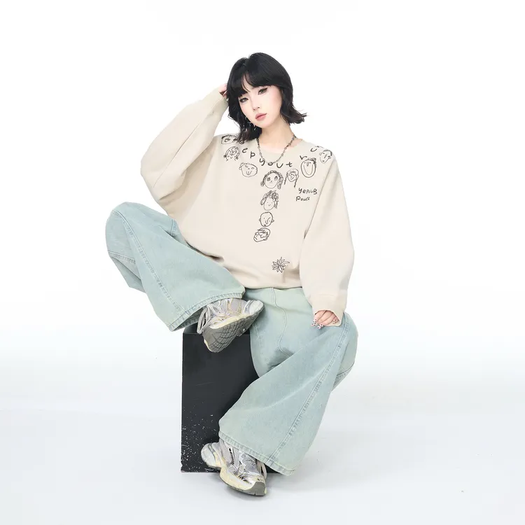 YEP2025秋季新款创意印花圆领卫衣女oversize宽松设计感套头上衣