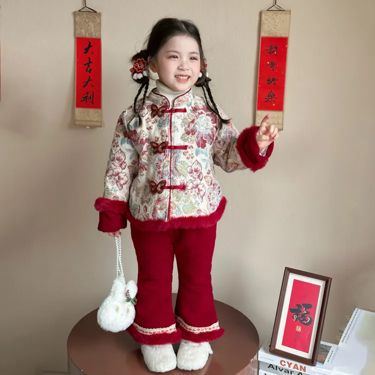 女小童加绒冬季汉服套装蝴蝶扣年服女宝宝加厚唐装新年装保暖国风