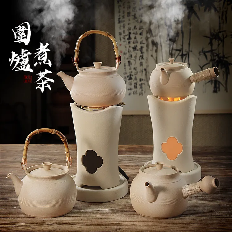 素烧白泥小高炭炉煮茶炉潮州煮茶壶侧把提梁壶禅意茶艺煮水砂铫壶