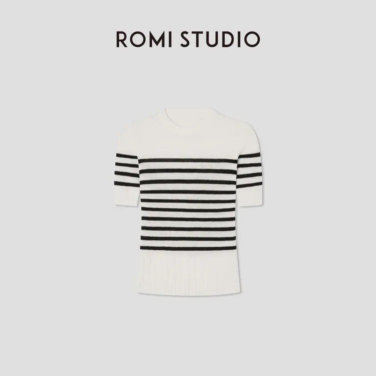 ROMI STUDIO“法式优雅”绵羊毛混纺条纹短袖套头毛衫 RWCRS01618