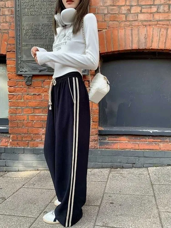 春秋新款直筒条纹子休闲阔腿高腰加绒显瘦百搭宽松拖地垂感裤美式