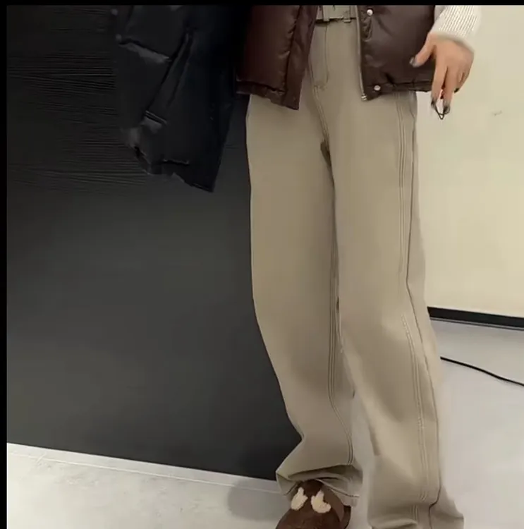 830品质高级感韩风气质卡冷棕色加厚绒牛仔直筒裤957