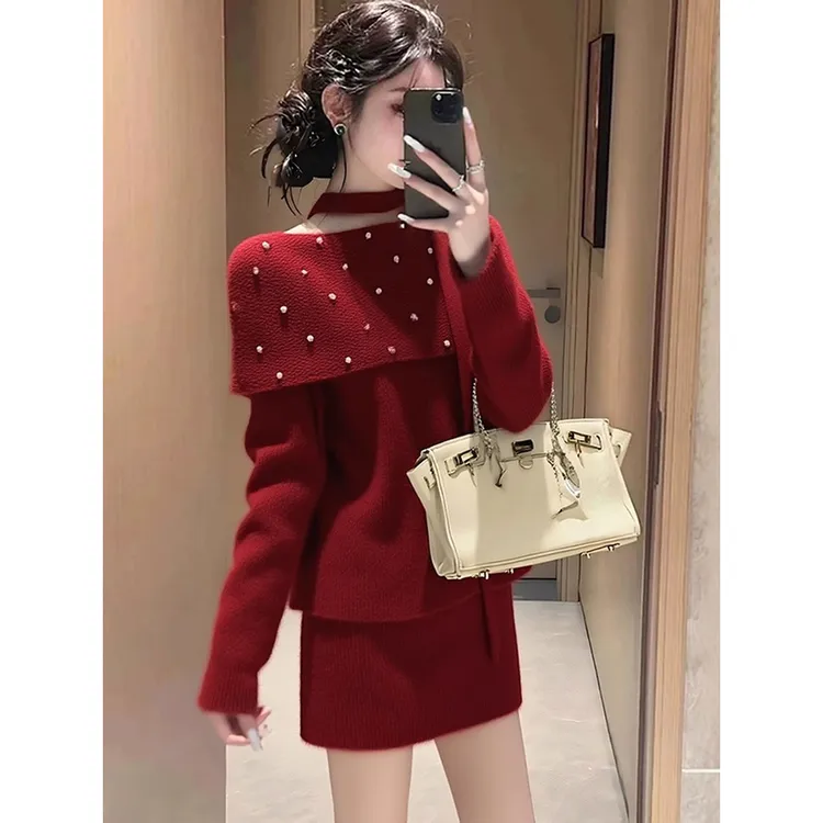 法式红色针织套装女2025年新款秋冬淡人高知穿搭上衣半身裙两件套