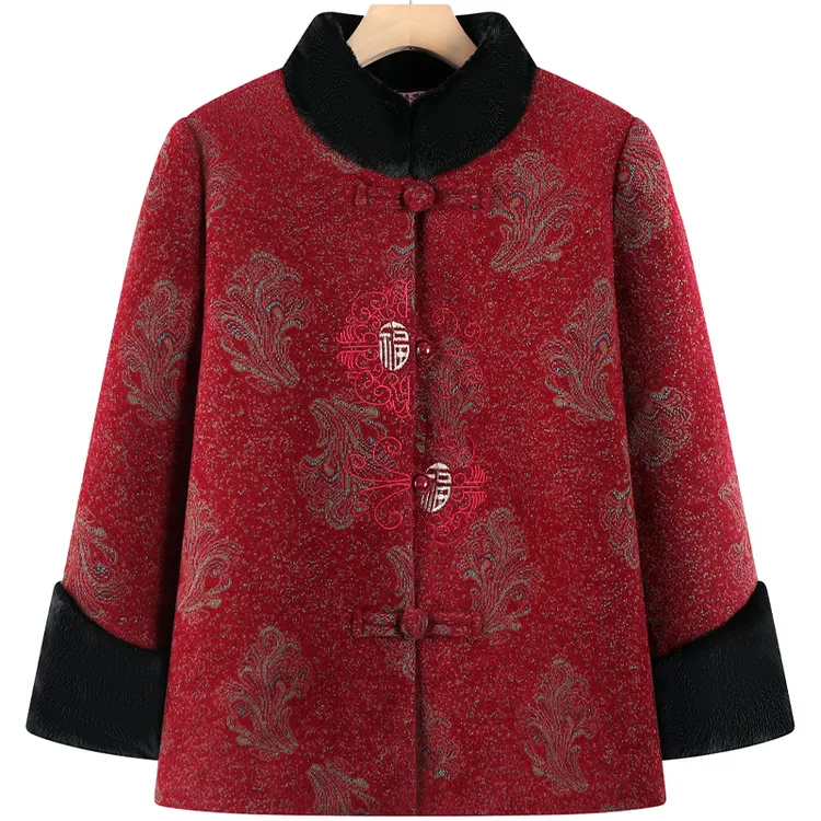 中老年女装冬装毛呢外套加绒加厚妈妈装绣花立领保暖大衣老人衣服