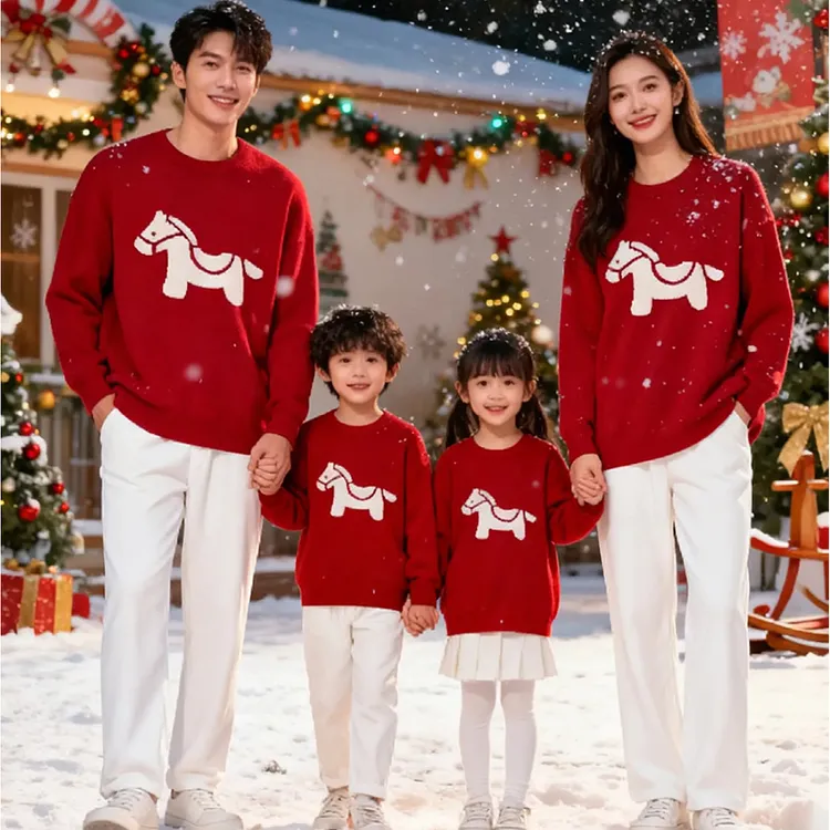 马年亲子装毛衣2026新年拜年服一家三口四口潮图圆领提花加厚保暖