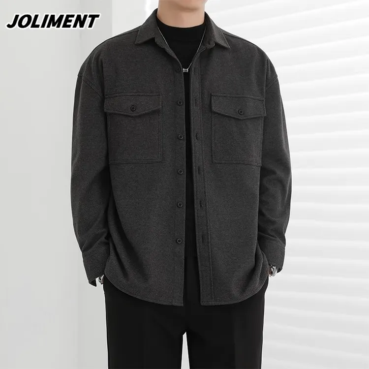JOLIMENT毛呢衬衫男士春秋季厚款高级感休闲宽松衬衣复古长袖外套