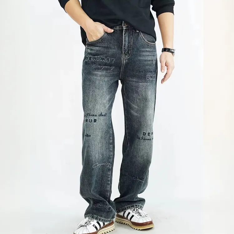 NYIG潮牌新款男士高街复古水洗刺绣印花设计感牛仔裤直筒宽松裤