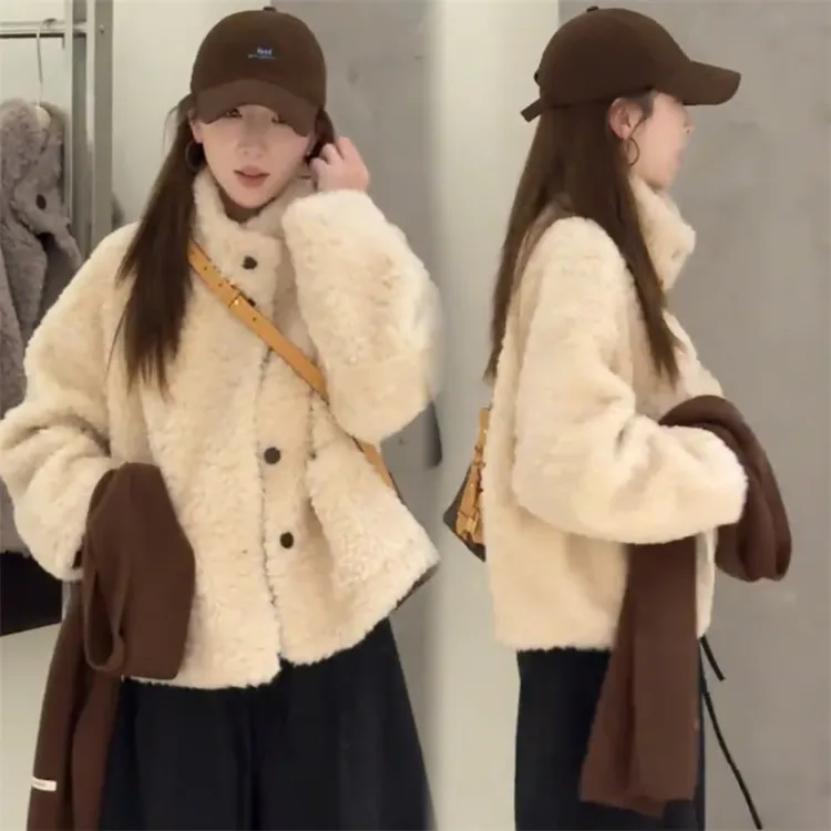 慵懒风立领单排扣毛毛外套女2025秋冬新款韩系保暖舒适宽松上衣