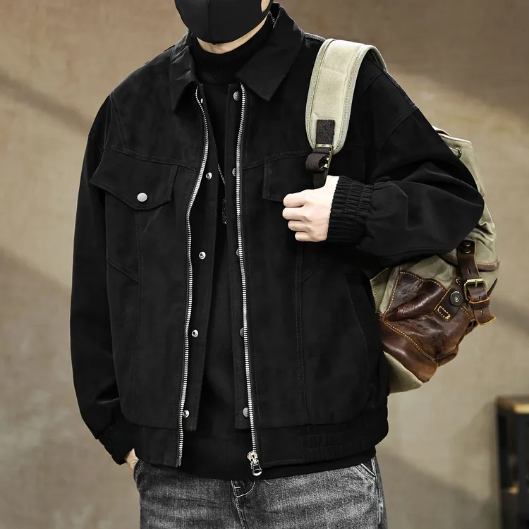 高端复古轻奢假两件皮衣外套男秋冬新款宽松百搭机车服夹克上衣潮