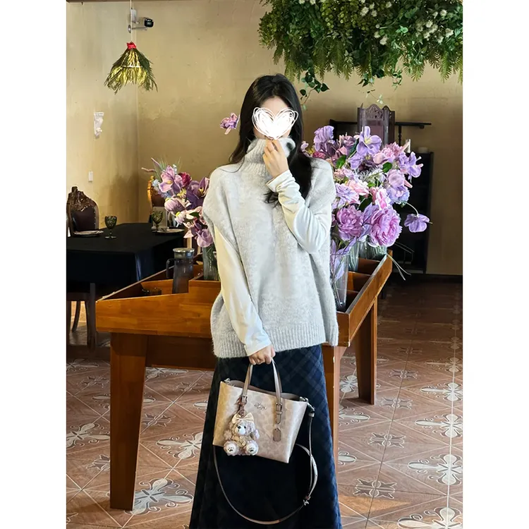 Moses Queen/魔西女王韩系高领背心针织衫女秋慵懒松弛感叠穿上衣