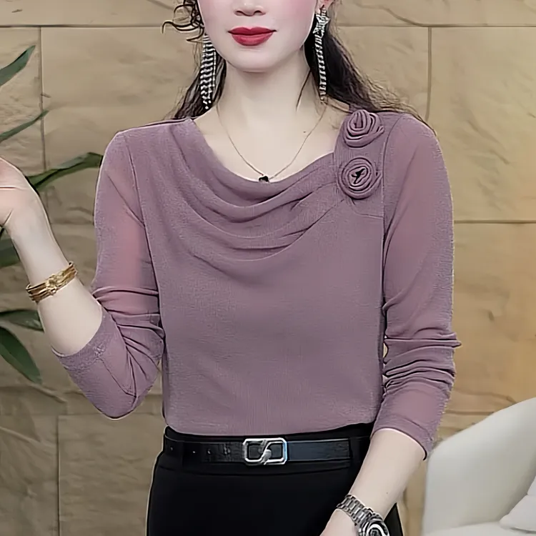 高档网纱褶皱花朵打底衫女春秋新款时尚洋气修身百搭T恤小衫上衣