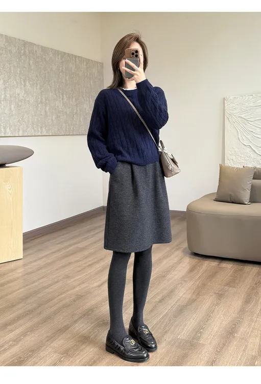 2025高品质遮肉高腰显瘦简约羊毛呢秋冬花苞中裙法式遮胯A字裙