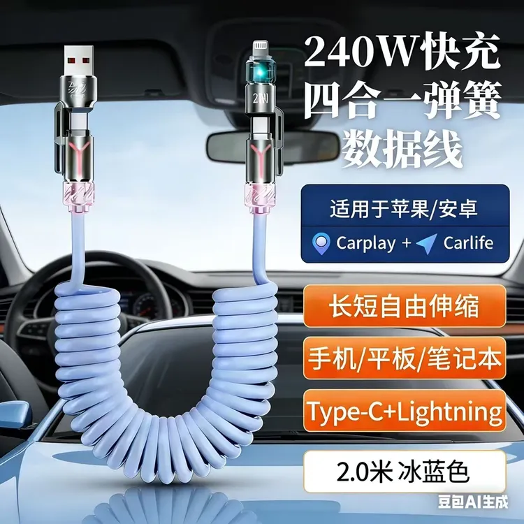 适用于车载CarPlay投屏充电线百度CarLife四合一伸缩弹簧商品图